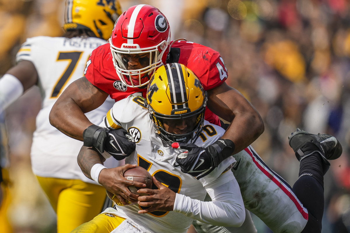 Nov 6, 2021; Athens, Georgia, USA; Georgia Bulldogs defensive lineman Travon Walker (44) sacks Missouri Tigers quarterback Tyler Macon (10) during the second half at Sanford Stadium. Mandatory Credit: Dale Zanine-USA TODAY Sports